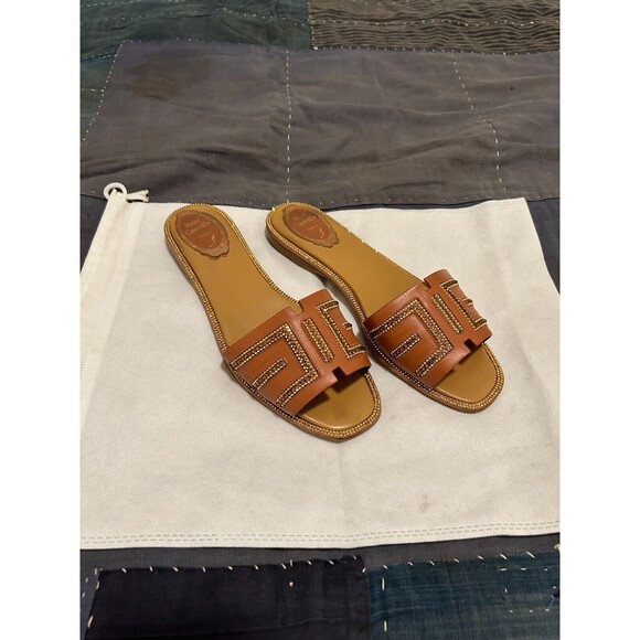 Rene Caovilla Crystaled Brown Leather Flat Heel Shoes - Picture 1 of 5